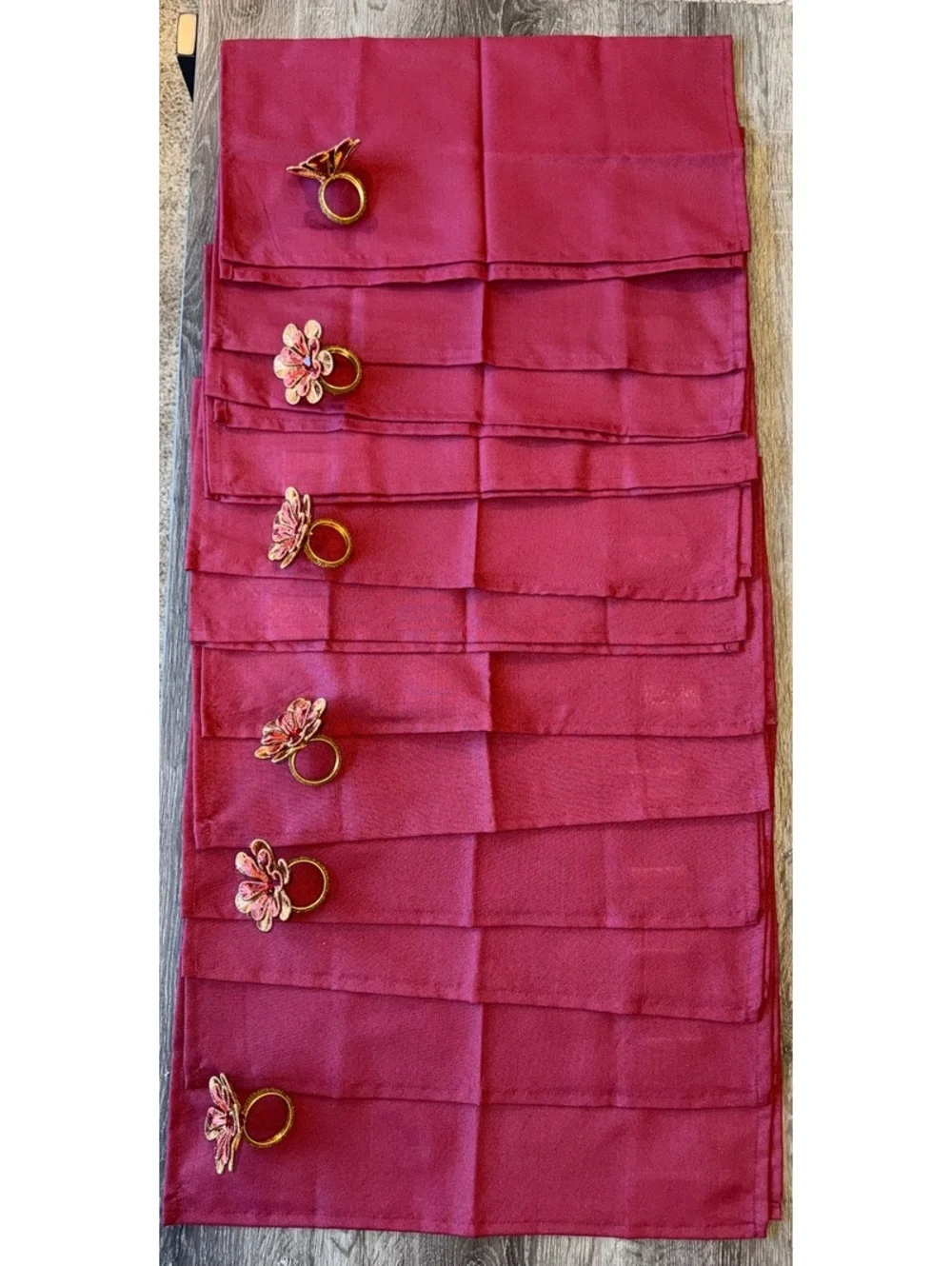 NEW Set of 12 Burgundy Cloth Napkins 20x20 & 6 Floral Gold Napkin Rings